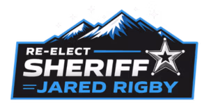 Re-elect Sheriff Jared Rigby campaign logo featuring mountains and a star emblem, emphasizing community safety and law enforcement initiatives in Wasatch County.